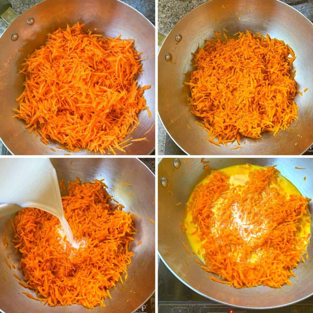 grated carrots cooked in ghee and milk added