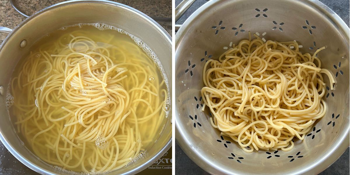 spaghetti getting cooked in water and water drained 