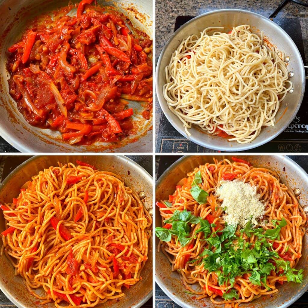 spaghetti added to sauce and coated