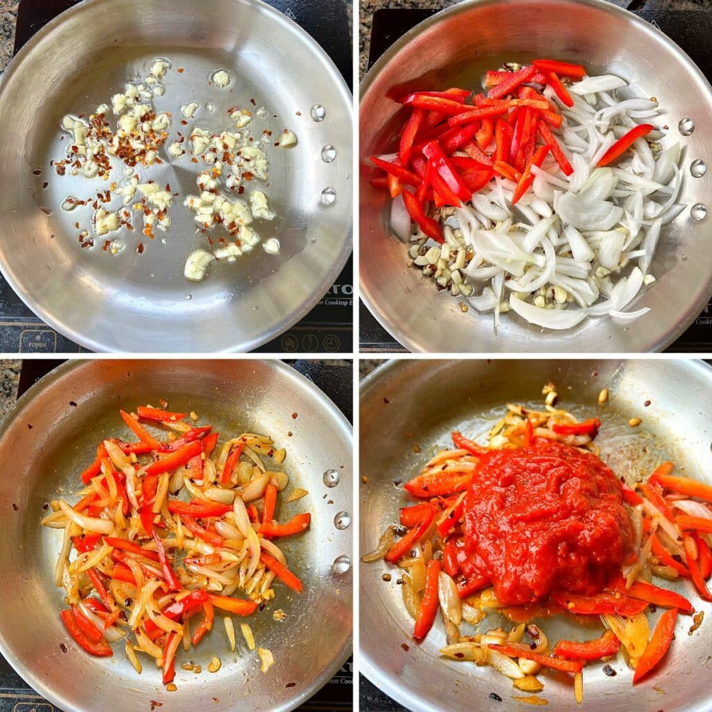 sauteed garlic and chili flakes, and onion and tomato