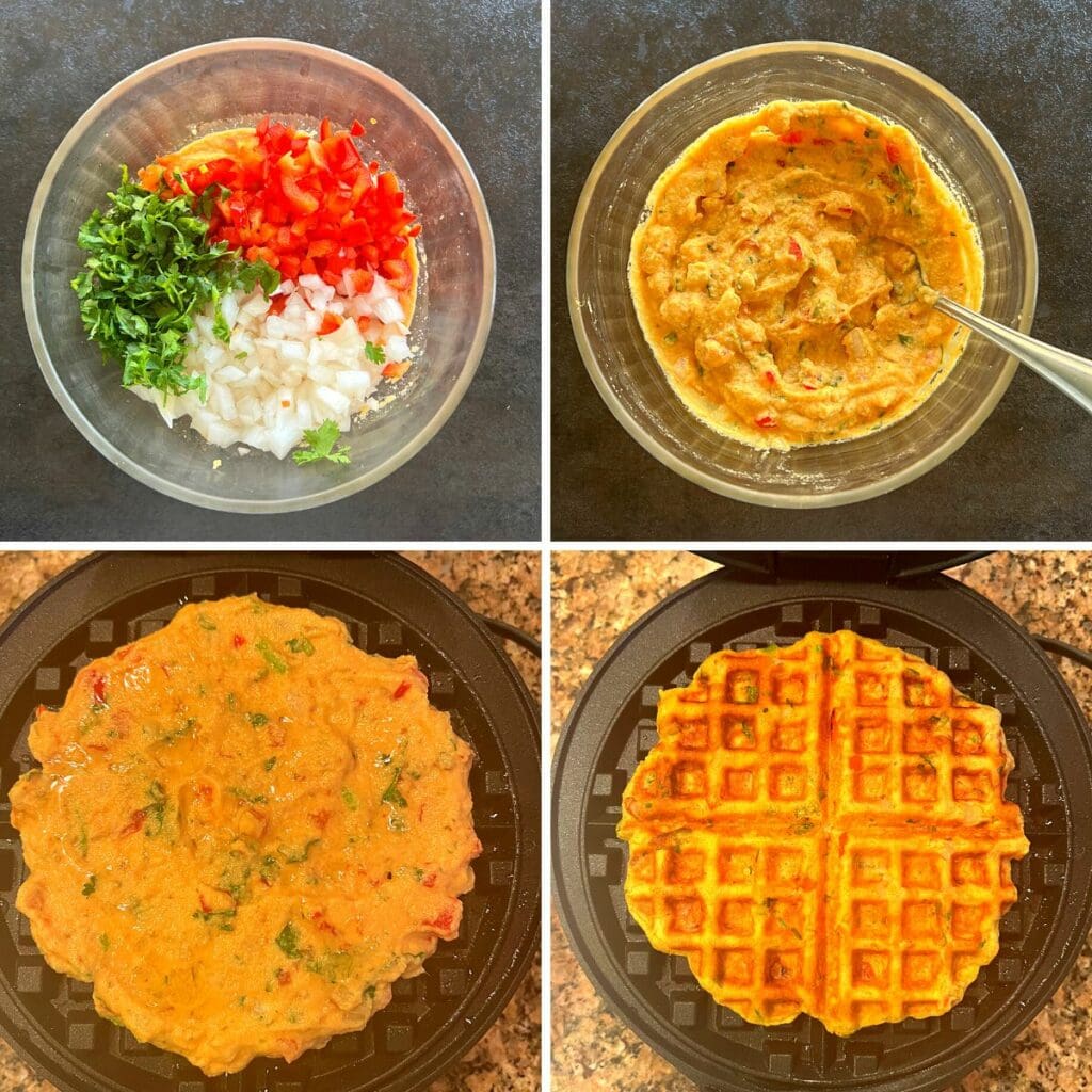 onion, , bell pepper and coriander leaves added to red lentil waffle batter and made to waffles