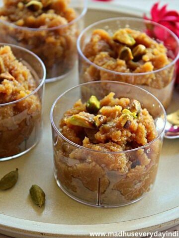 easy badam halwa served in small cups