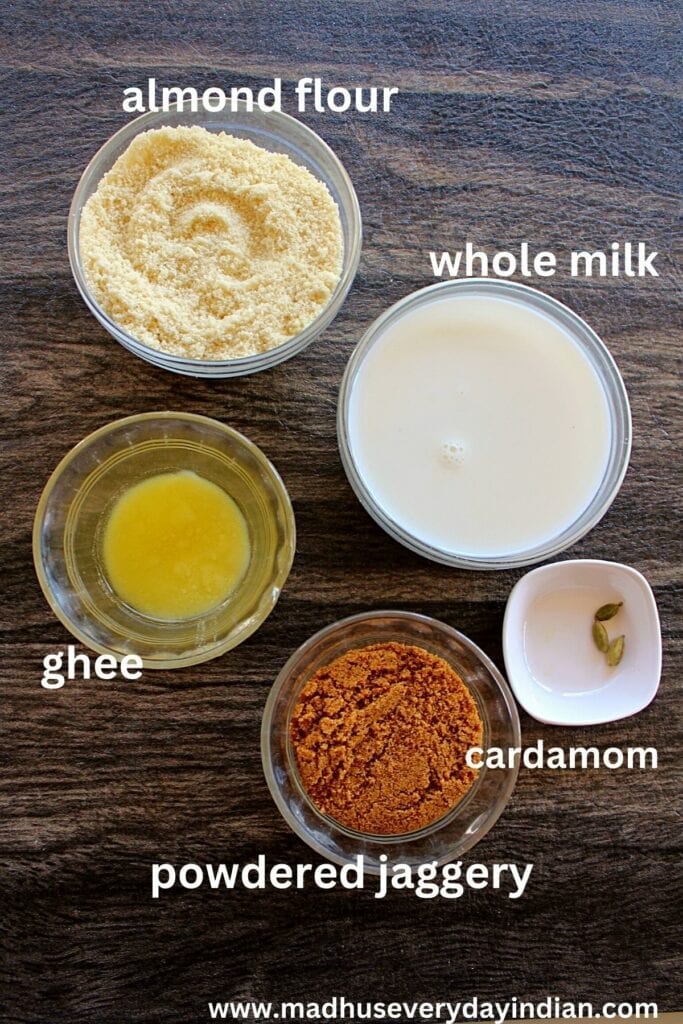 picture of the ingredients needed to make badam halwa with jaggery