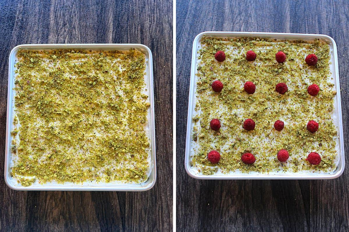 top with crushed pistachio and raspberry 
