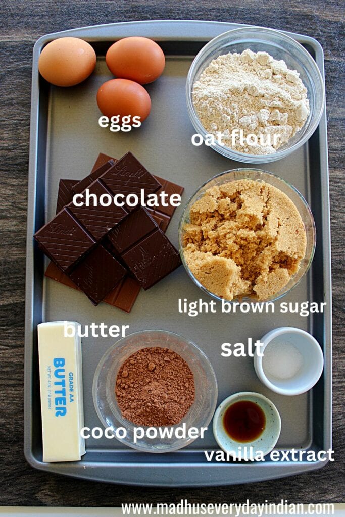 pic of all the ingredients needed to make oat flour brownies