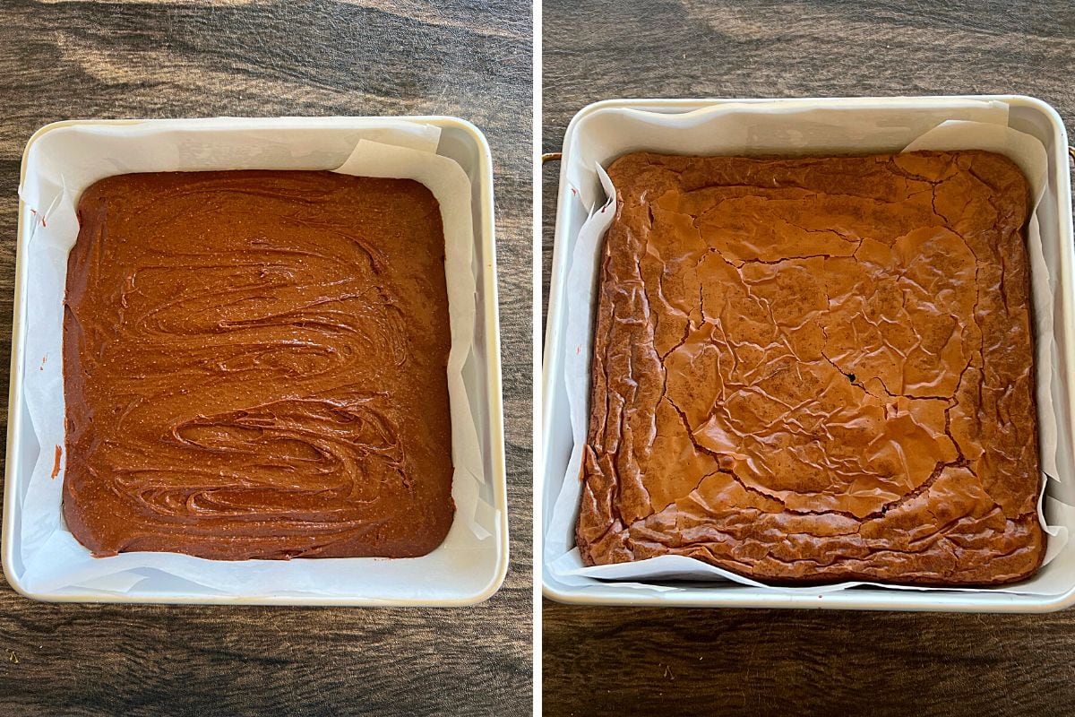 brownies ready to be baked and just out of the oven