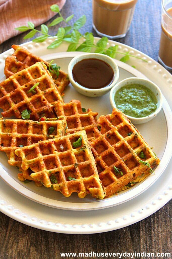 savory chickpea waffles served with mint and date chutney