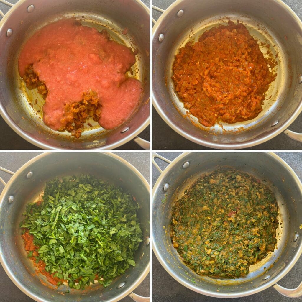 tomato puree and spinach added to the curry