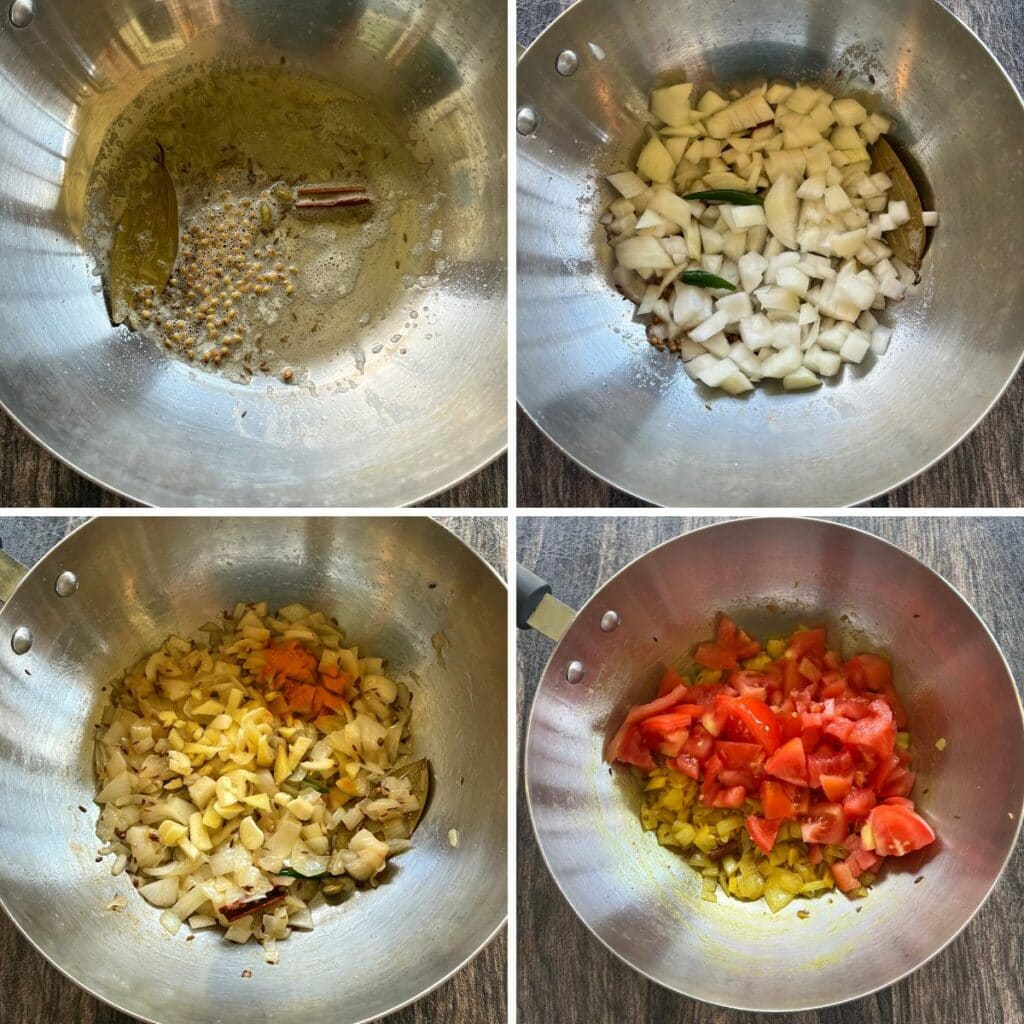 whole spices, onion and tomato sauteed in a wok