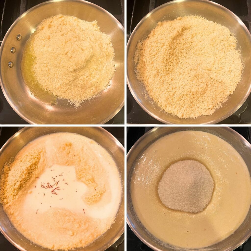 almond flour, milk and sugar added to the pan