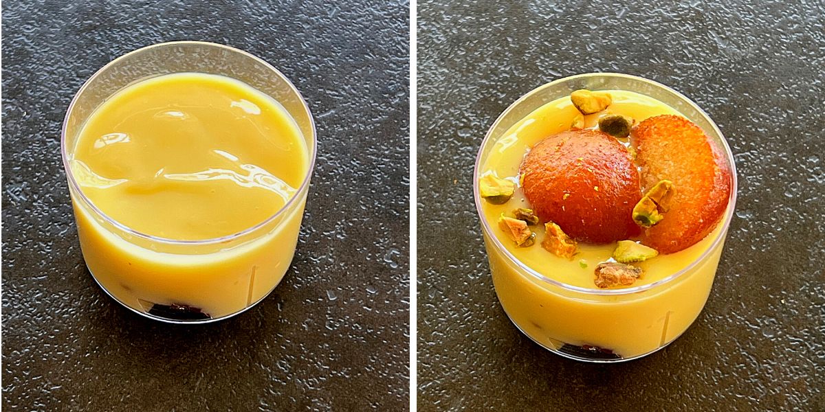 custard and gulab jamun added to a serving mini cup