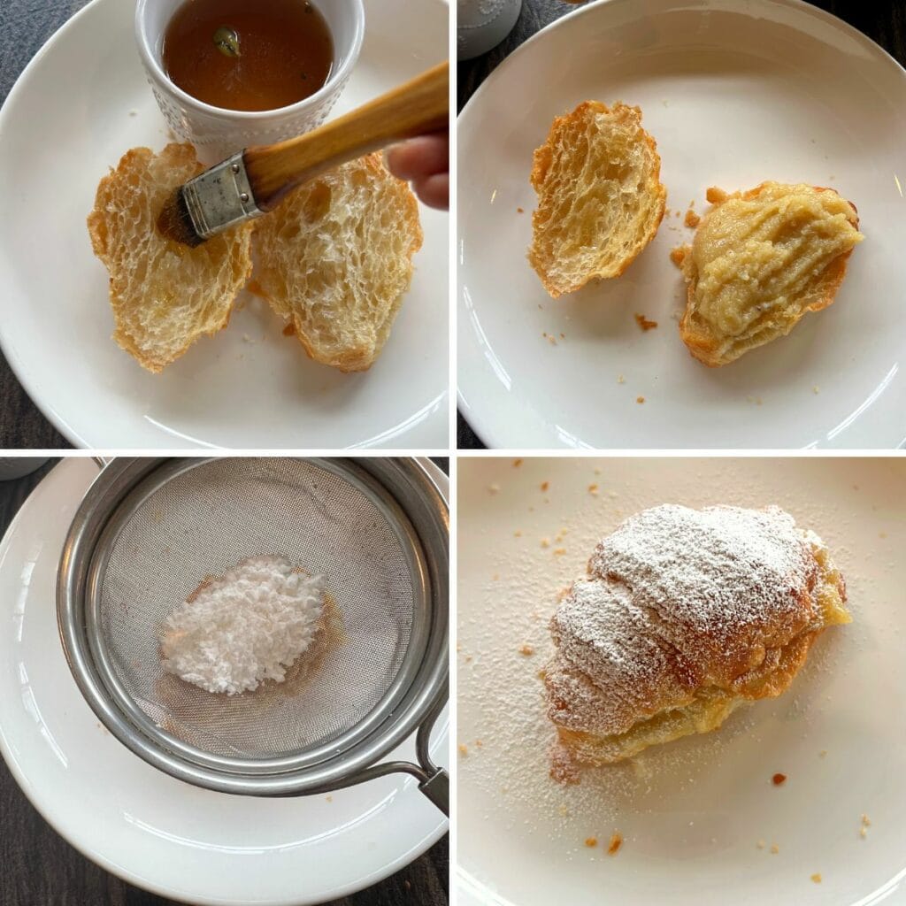 sugar syrup and badam halwa filled in a the croissant and top with powdered sugar.