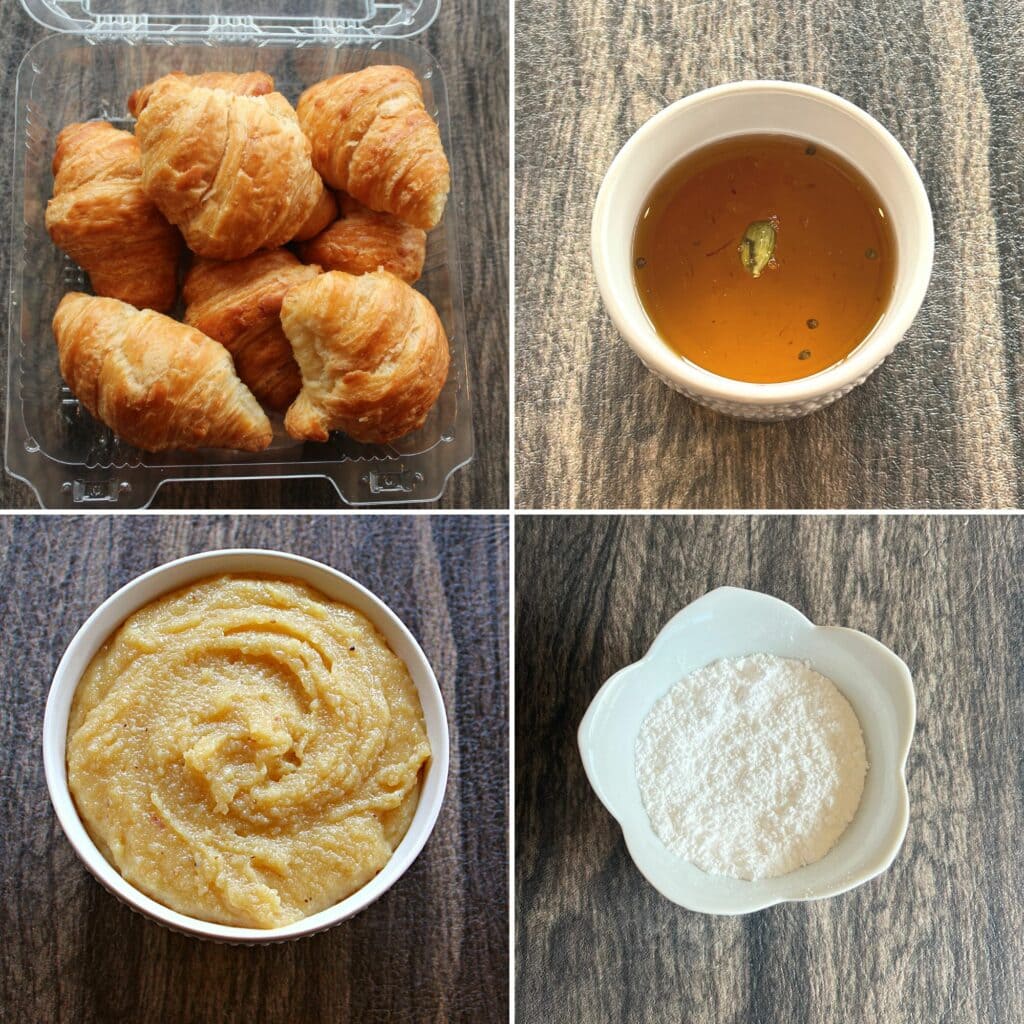 croissants, sugar syrup, almond halwa and powdered sugar in the collage